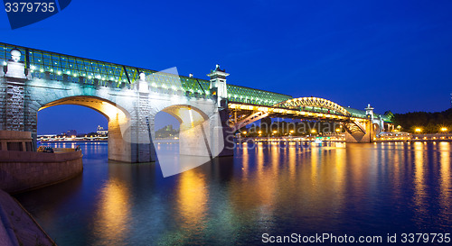 Image of evening landscape with covered bridge Andreevsky, Moscow, Russia