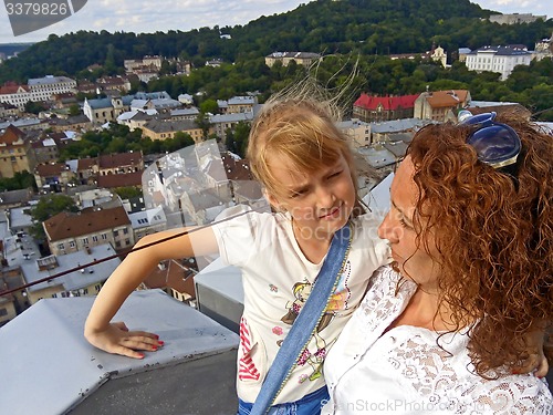 Image of Daughter and mother on the downtown background