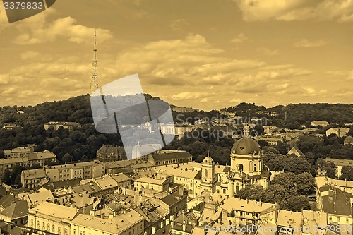 Image of Lviv in Ukraine central district skyline, sepia