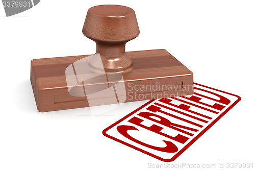 Image of Wooden stamp certified with red text