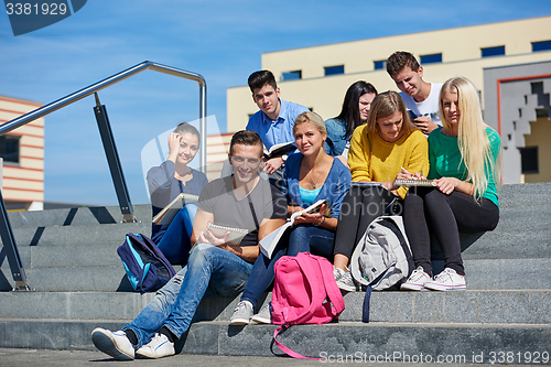 Image of students outside sitting on steps