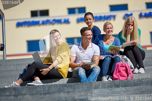 Image of students outside sitting on steps