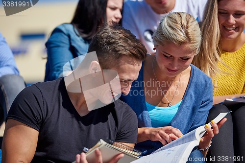 Image of students outside sitting on steps