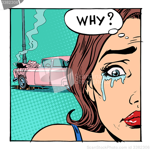 Image of woman cries crash broke the car