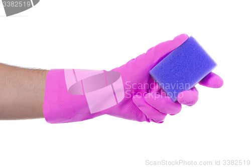 Image of Mans hand in rubber glove with sponge isolated