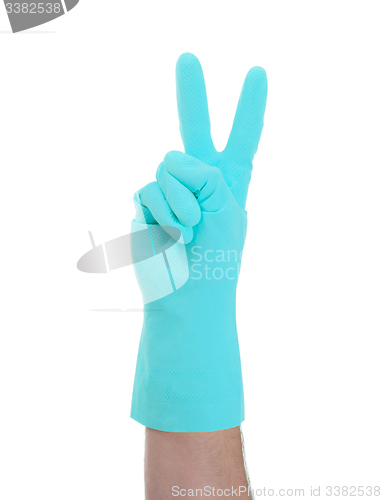 Image of Hand in rubber gloves gesturing, close up