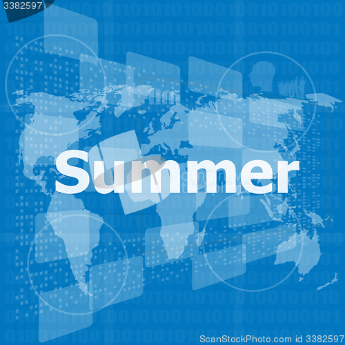 Image of abstract digital touch screen with summer word, abstract background