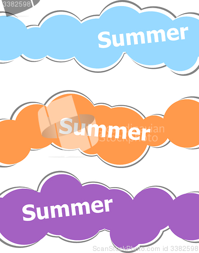 Image of summer word on stickers set isolated on white, summer time concept