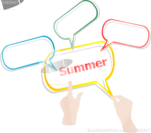 Image of summer word on speech bubbles and people hand 