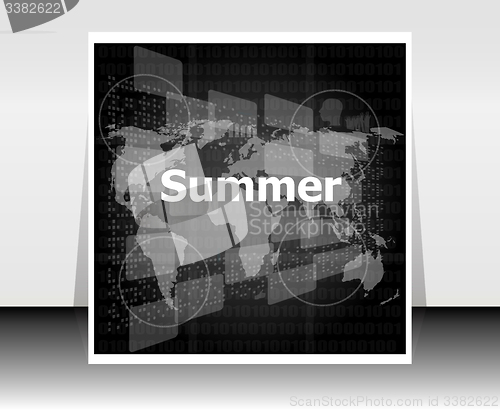Image of black and white abstract digital touch screen with summer word, abstract background