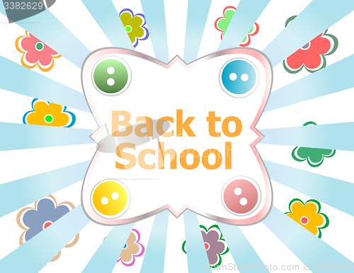 Image of Back to school invitation card with abstract sun rays and flowers, education concept