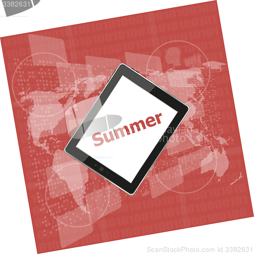 Image of summer word on tablet pc screen, digital touch screen, holiday concept, summer card