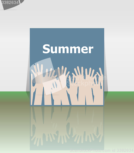 Image of word summer and people hands, holiday concept, icon design