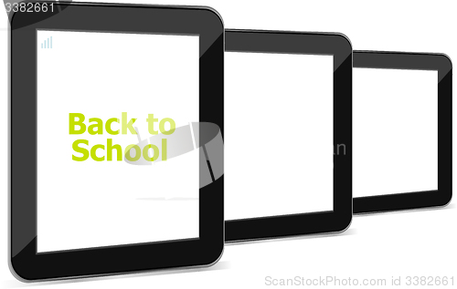 Image of Tablet PC set with dack to school word on it, isolated on white