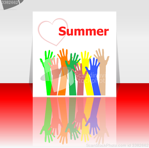 Image of word summer and people hands, love hearts, holiday concept, icon design