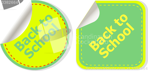 Image of Back to school text on label tag stickers set isolated on white, education concept