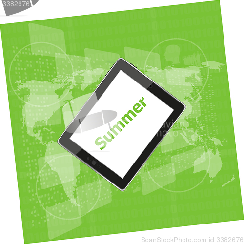 Image of summer word on tablet pc screen, digital touch screen, holiday concept, summer card