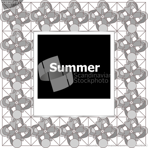 Image of summer background, summer words on empty photo frame, summer holiday