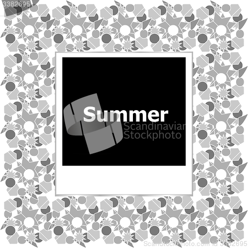 Image of summer background, summer words on empty photo frame, summer holiday
