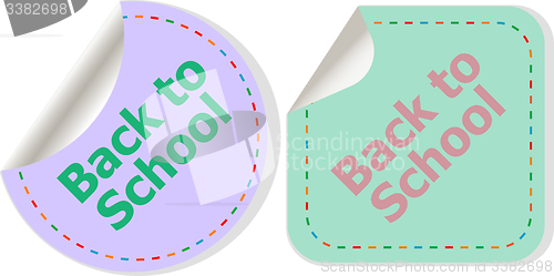 Image of Back to school text on label tag stickers set isolated on white, education concept