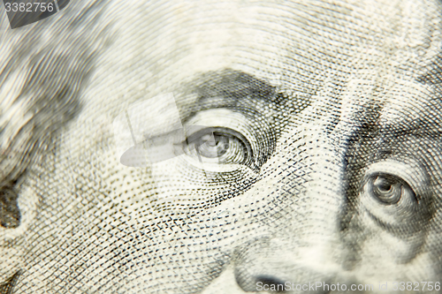 Image of Macro close up of the US 100 dollar bill