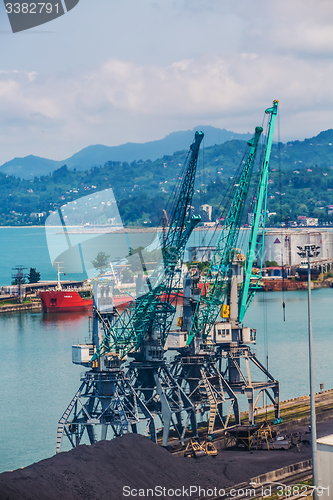 Image of Industrial ship in Batumi port at dusk. Georgia