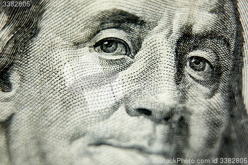 Image of Macro close up of the US 100 dollar bill