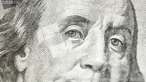 Image of Macro close up of the US 100 dollar bill