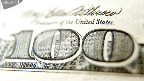 Image of Macro close up of the US 100 dollar bill