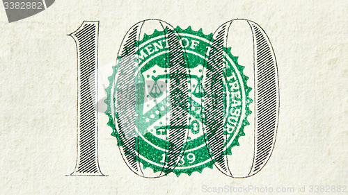 Image of Macro close up of the US 100 dollar bill