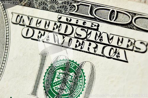 Image of Macro close up of the US 100 dollar bill