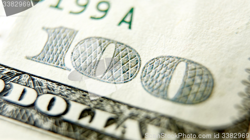 Image of Macro close up of the US 100 dollar bill