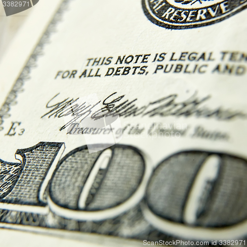 Image of Macro close up of the US 100 dollar bill