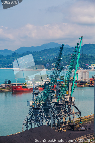 Image of Industrial ship in Batumi port at dusk. Georgia