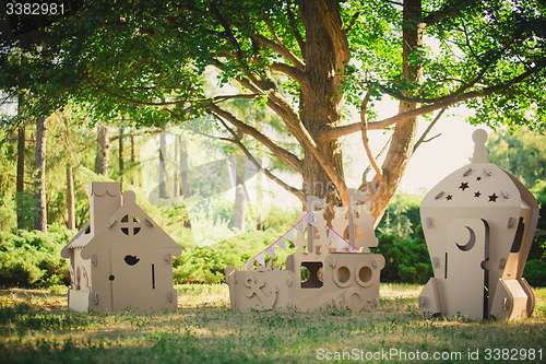 Image of Eco-friendly toys made of cardboard ship, house and  spaceship.