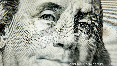 Image of Macro close up of the US 100 dollar bill