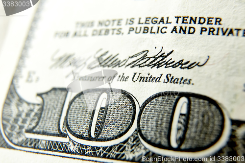 Image of Macro close up of the US 100 dollar bill