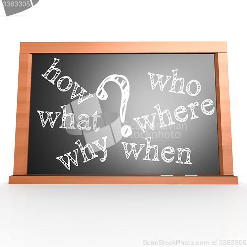 Image of Where, When, What, Who, Why, How written with Chalk on Blackboar