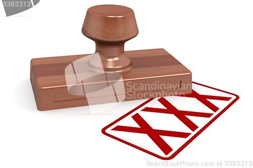 Image of Wooden stamp xxx with red text
