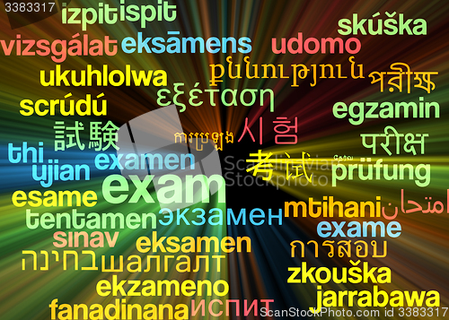Image of Exam multilanguage wordcloud background concept glowing
