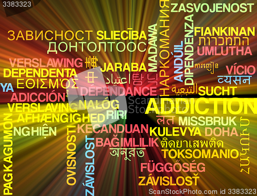 Image of Addiction multilanguage wordcloud background concept glowing
