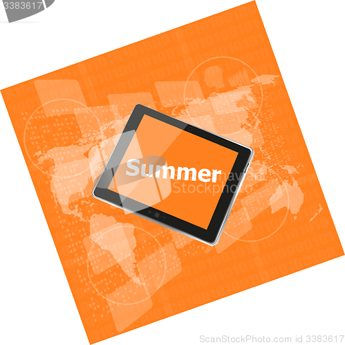 Image of summer word on tablet pc screen, digital touch screen, holiday concept, summer card