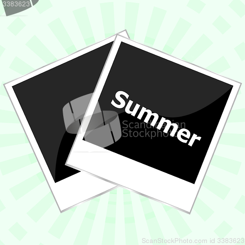 Image of summer background, summer words on empty photo frame, summer holiday
