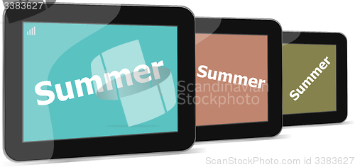 Image of summer word on tablet pc screen, holiday concept
