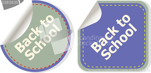 Image of Back to school text on label tag stickers set isolated on white, education concept