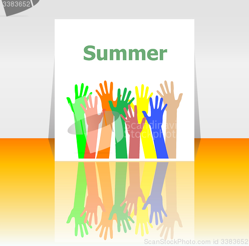 Image of word summer and people hands, holiday concept, icon design