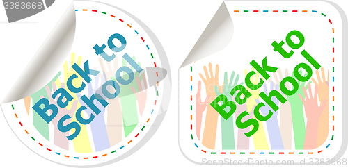 Image of Back to school text on label tag stickers set isolated on white, education concept