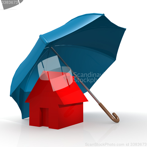 Image of Red house under blue umbrella