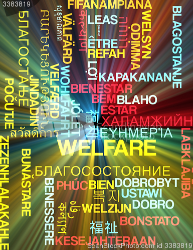 Image of Welfare multilanguage wordcloud background concept glowing
