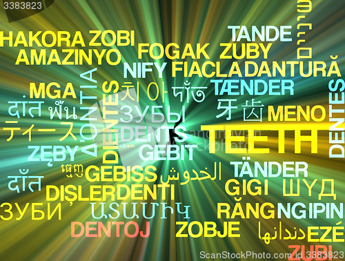 Image of Teeth multilanguage wordcloud background concept glowing